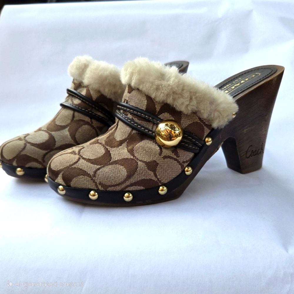 Coach Ivanka Sable C Logo Slip On Fur Studded Heeled Clog Mules 6M